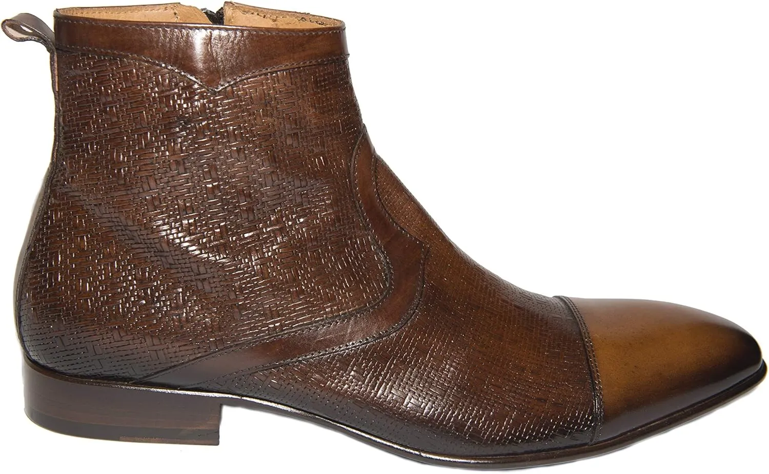 2111 Italian Brown 2 tone Leather & Laser Print Leather Ankle Boots with Zipper
