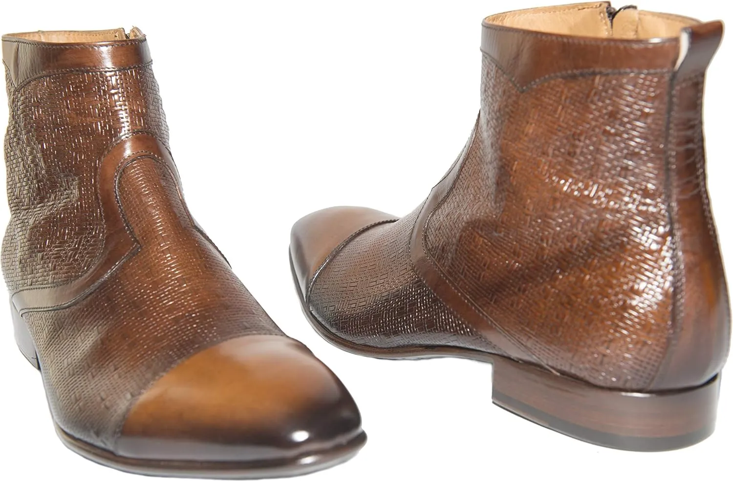 2111 Italian Brown 2 tone Leather & Laser Print Leather Ankle Boots with Zipper