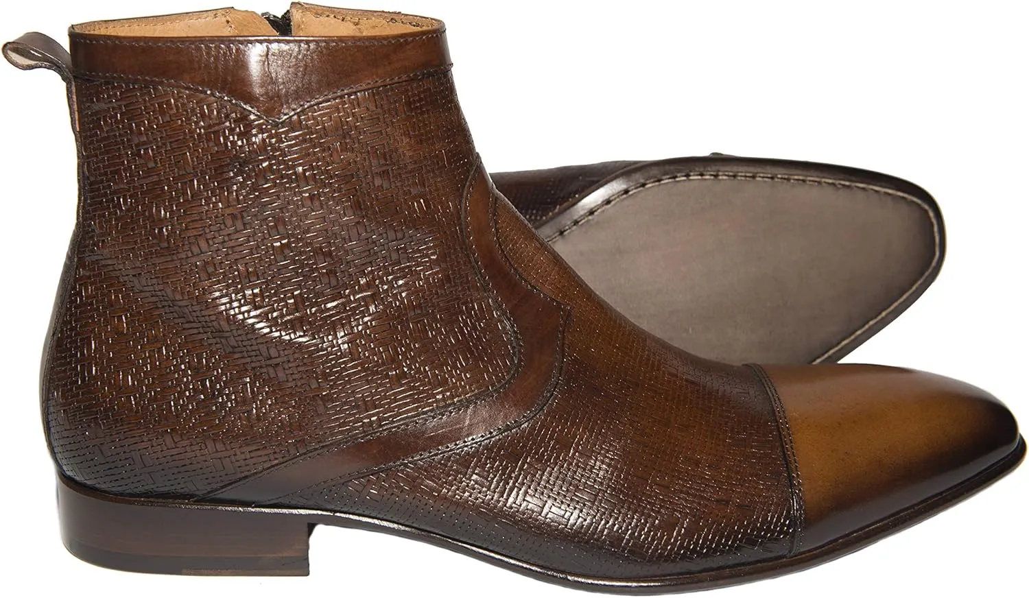 2111 Italian Brown 2 tone Leather & Laser Print Leather Ankle Boots with Zipper