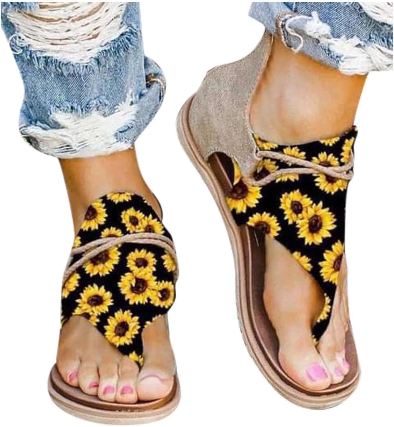 Adjustable Strap Flat Sandals for Women Dressy Shoes with Hook & Loop Strap Rhinestone Decorative Sandals