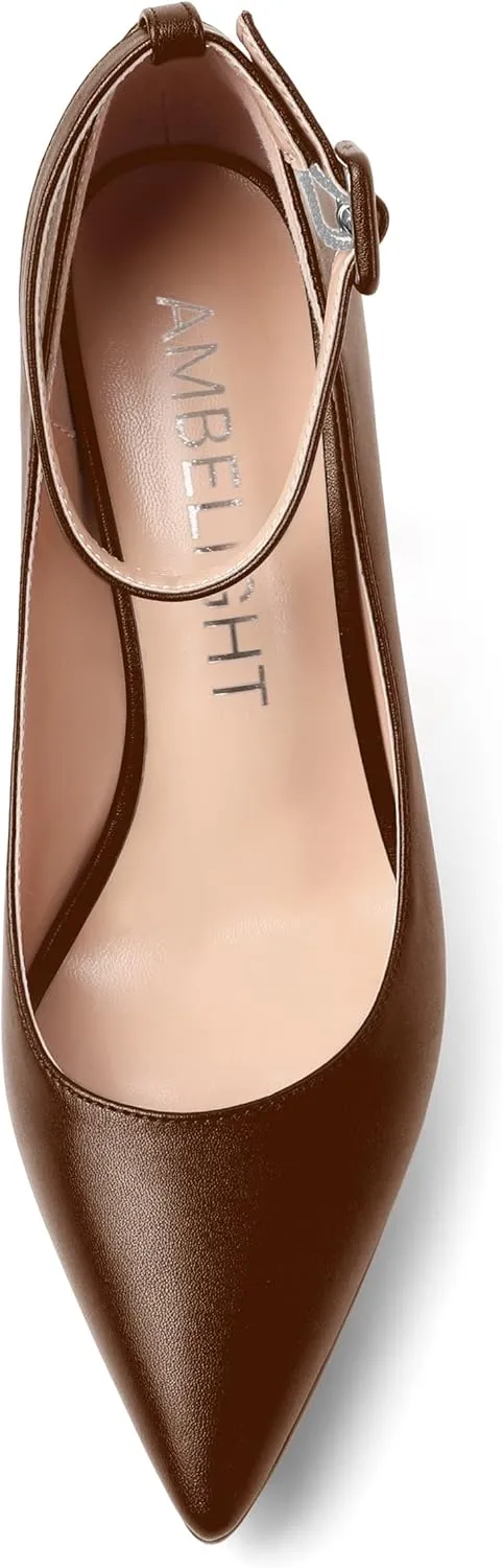 AMBELIGHT Womens Ankle Strap Dress Shoes Pointed Toe Evening Platform Buckle Matte Dress Chunky High Heel Pumps Shoes 4 Inch