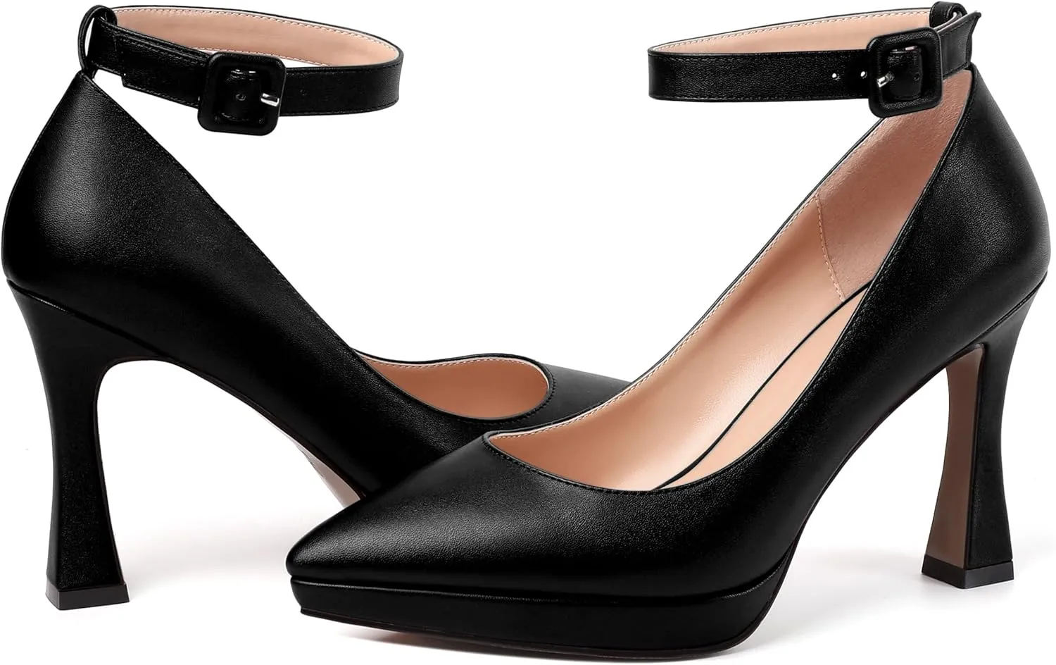 AMBELIGHT Womens Ankle Strap Dress Shoes Pointed Toe Evening Platform Buckle Matte Dress Chunky High Heel Pumps Shoes 4 Inch