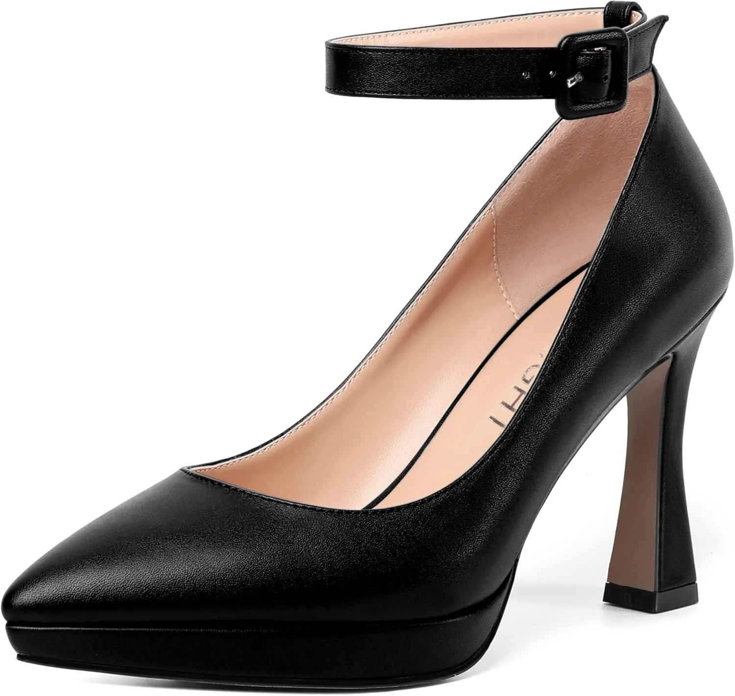 AMBELIGHT Womens Ankle Strap Dress Shoes Pointed Toe Evening Platform Buckle Matte Dress Chunky High Heel Pumps Shoes 4 Inch