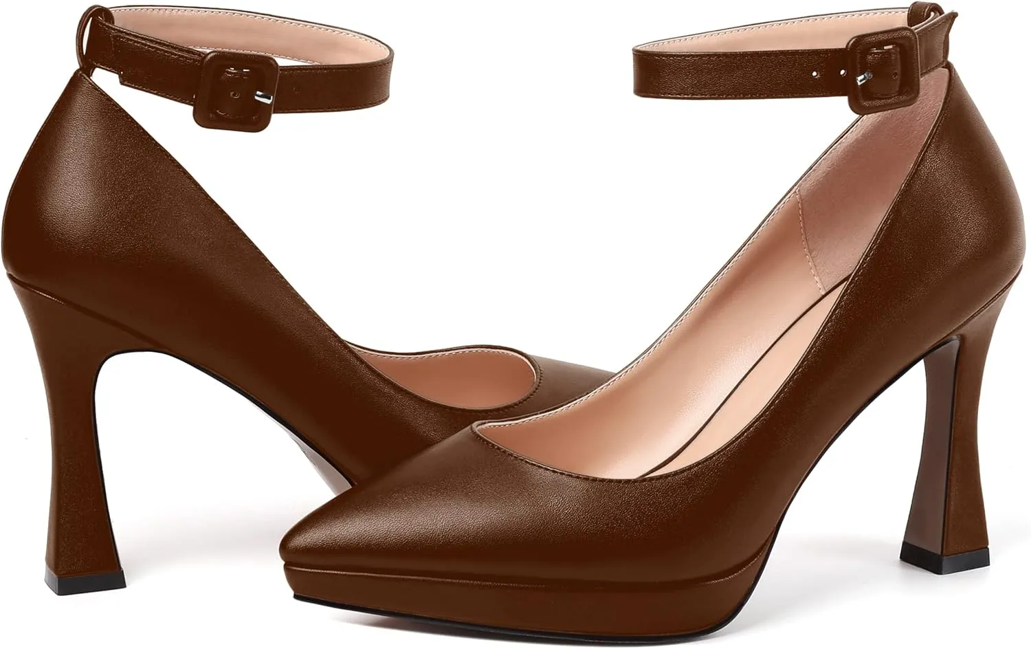 AMBELIGHT Womens Ankle Strap Dress Shoes Pointed Toe Evening Platform Buckle Matte Dress Chunky High Heel Pumps Shoes 4 Inch