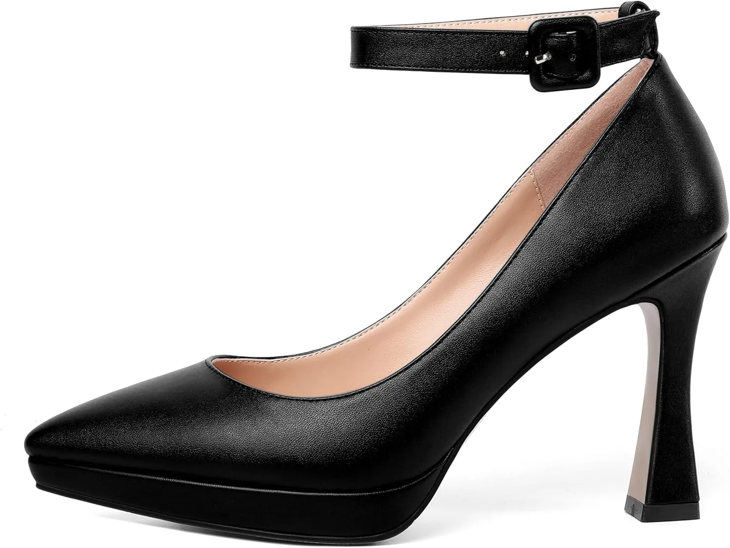 AMBELIGHT Womens Ankle Strap Dress Shoes Pointed Toe Evening Platform Buckle Matte Dress Chunky High Heel Pumps Shoes 4 Inch