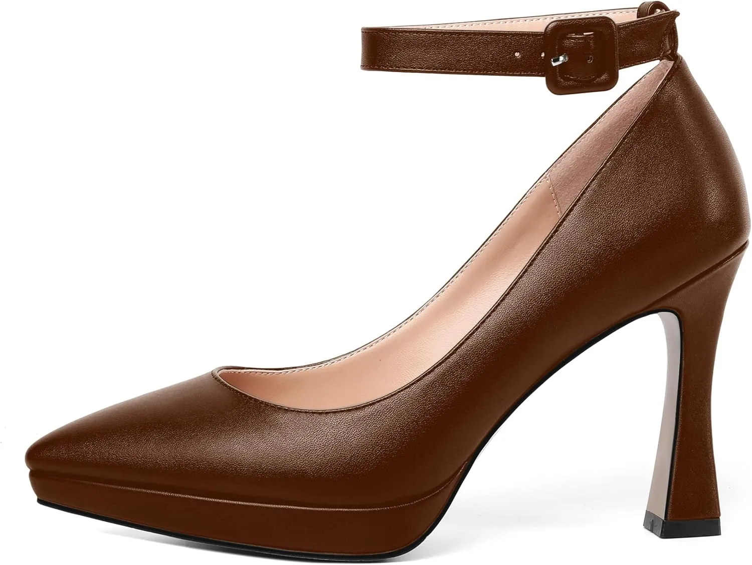 AMBELIGHT Womens Ankle Strap Dress Shoes Pointed Toe Evening Platform Buckle Matte Dress Chunky High Heel Pumps Shoes 4 Inch