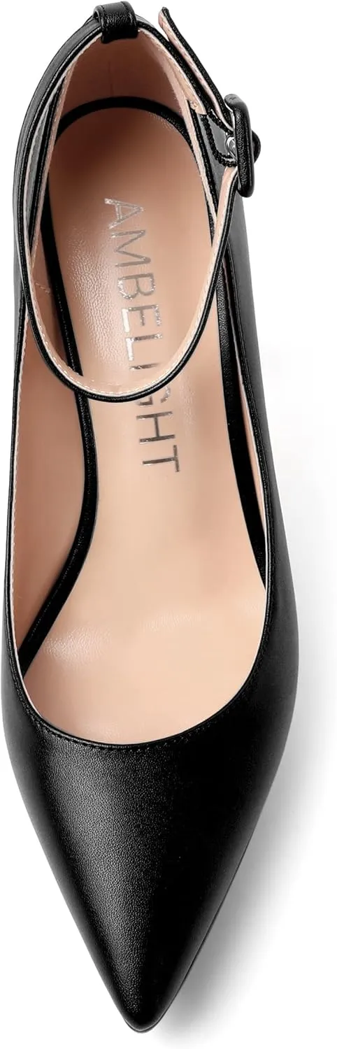 AMBELIGHT Womens Ankle Strap Dress Shoes Pointed Toe Evening Platform Buckle Matte Dress Chunky High Heel Pumps Shoes 4 Inch