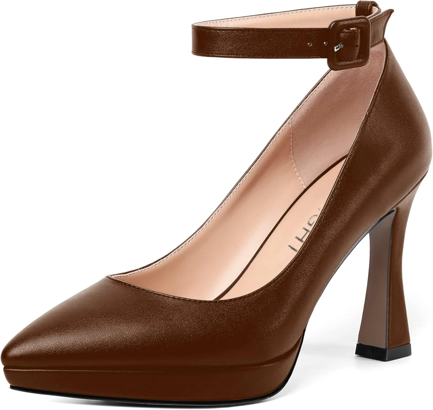 AMBELIGHT Womens Ankle Strap Dress Shoes Pointed Toe Evening Platform Buckle Matte Dress Chunky High Heel Pumps Shoes 4 Inch