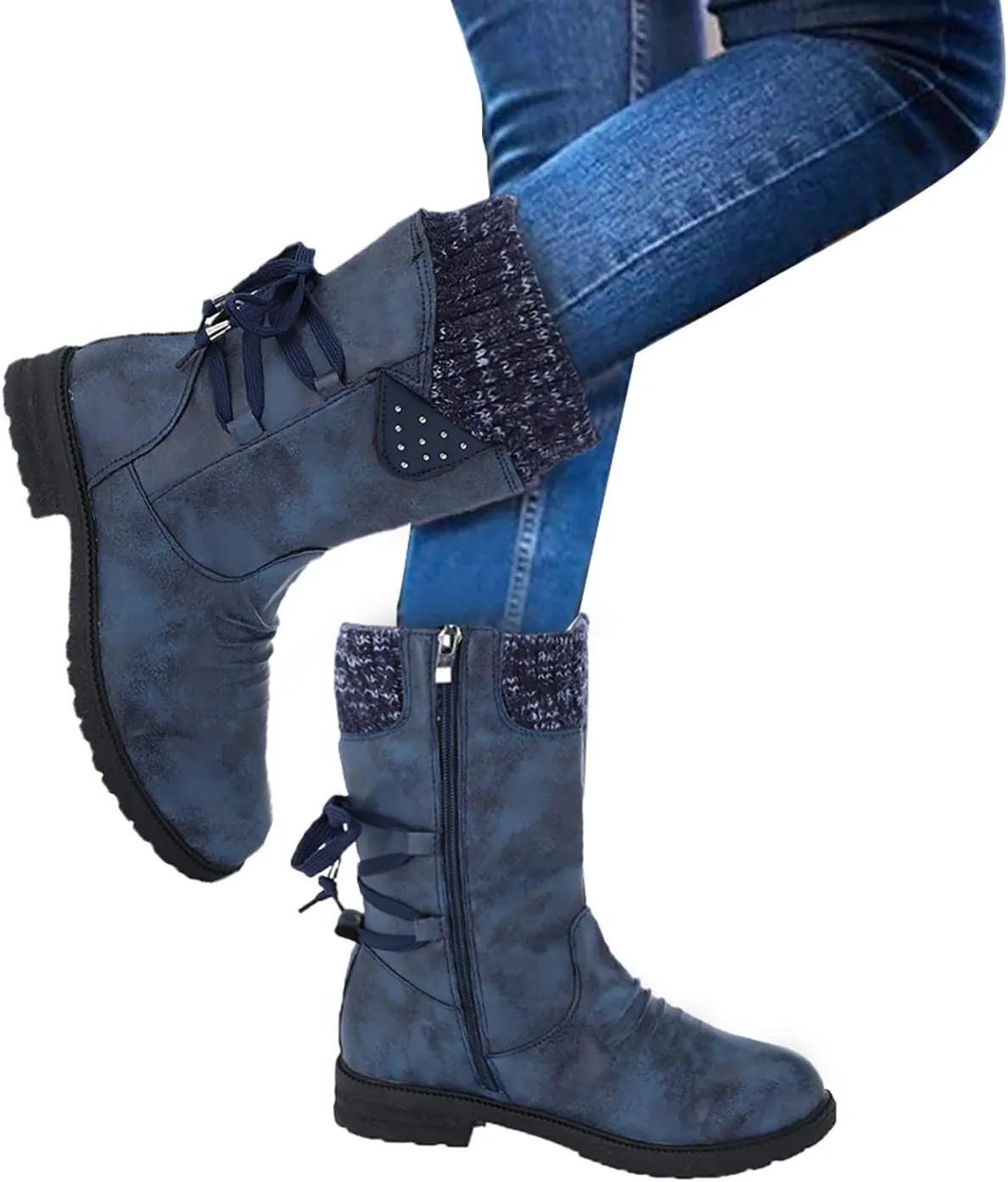 AMDBEL Boots For Women Cowboy Style, Chelsea Boots Women Flower Embroidery Mid Calf Chunky Platform Boots Cowgirls Boots