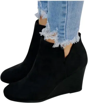 Ankle Booties for Women V Cut,Ankle Boots Pointed Toe Slip On Side Cutout Solid Color Chunky Block Stacked Mid Heel Booties