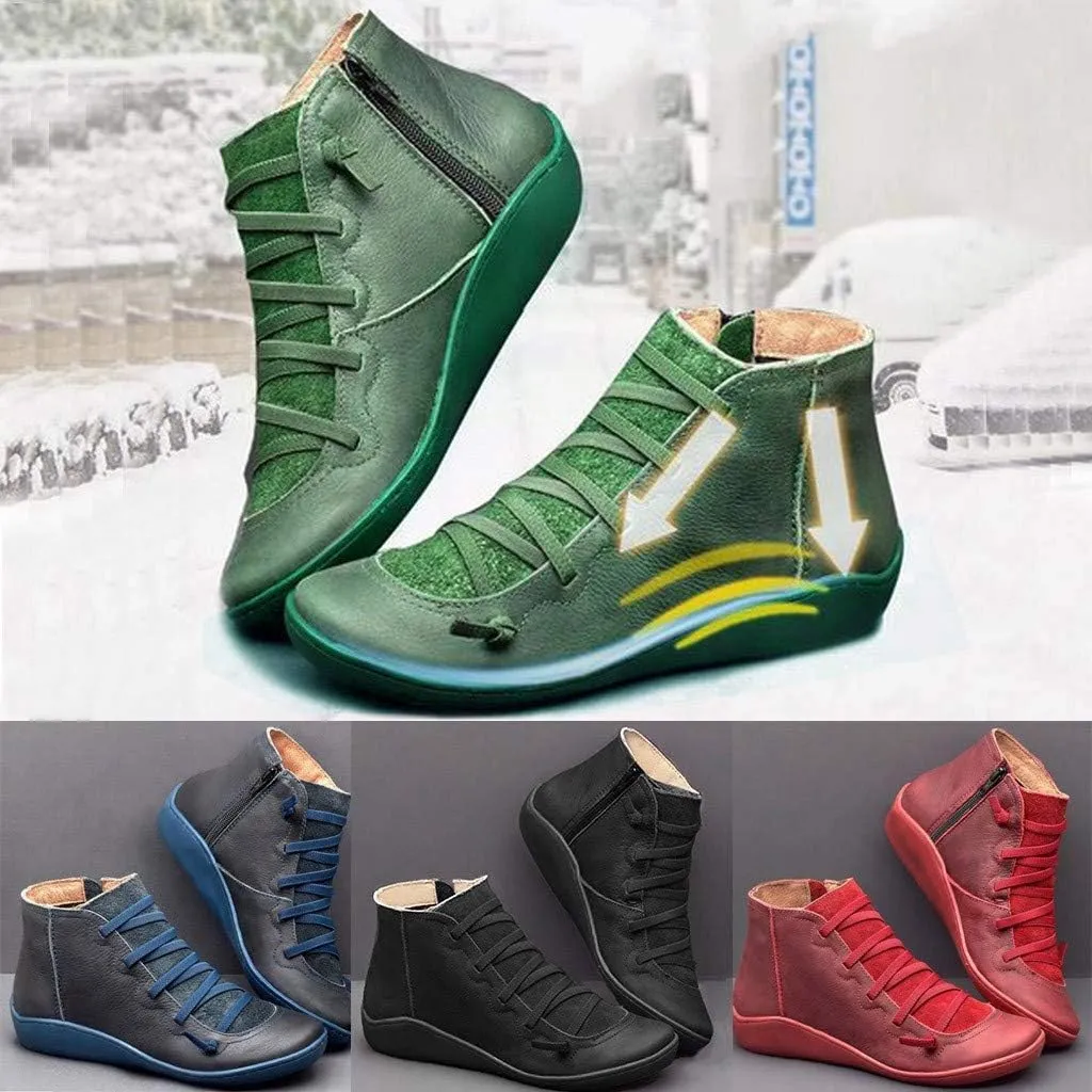 Ankle Boots for Women No Heel,2019 New Arch Support Booties Side Zip-up Vintage Leather Damping Shoes Flat Heel Booties