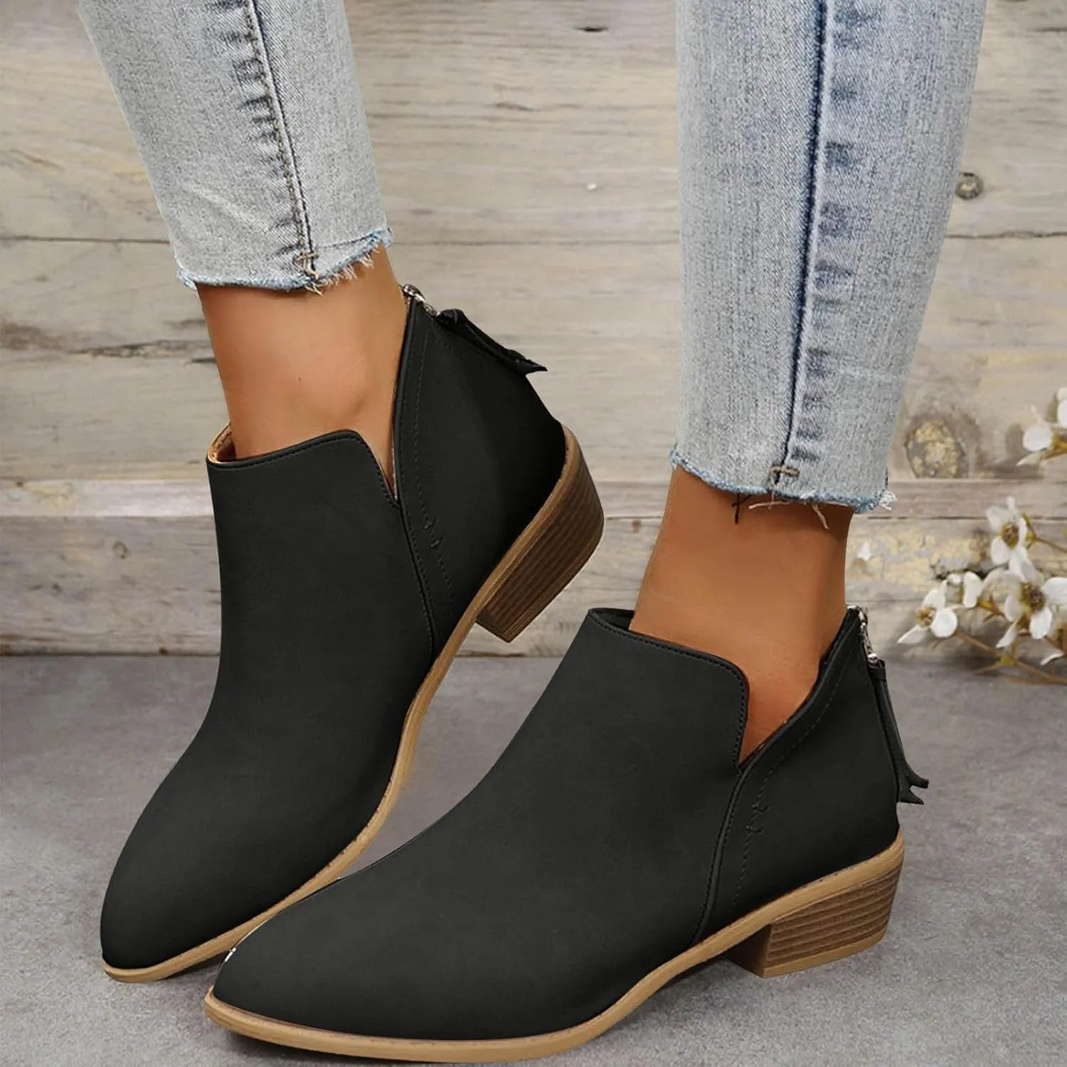 Ankle Boots for Women Riding Boots for Women Fashion British Style Pointed Toe Block Heels Pull on Boots for Women