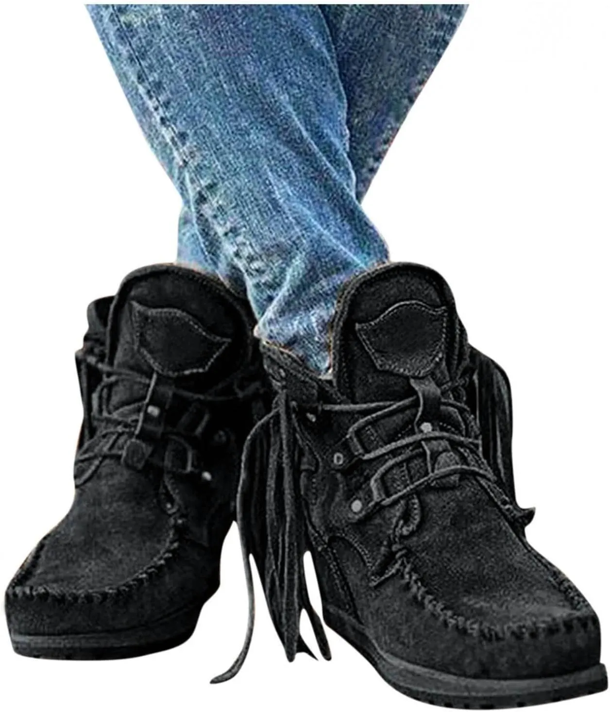 Boots for Women Suede Flat Short Ankle Booties Retro Fringe Boots Winter Round Toe Roman Fringe Short Flat Shoes
