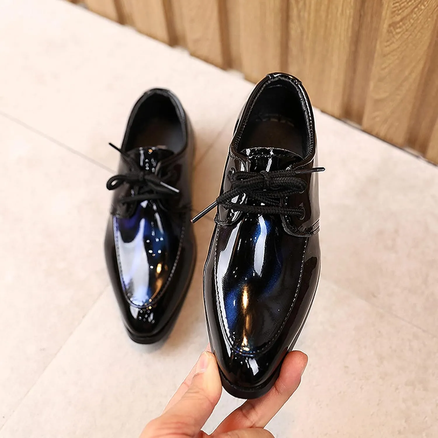 Boy's Classic Oxfords Dress Shoes Pointed Toe Patent Formal Dress Shoes Lace Up Wedding Prom Footwear for Kids