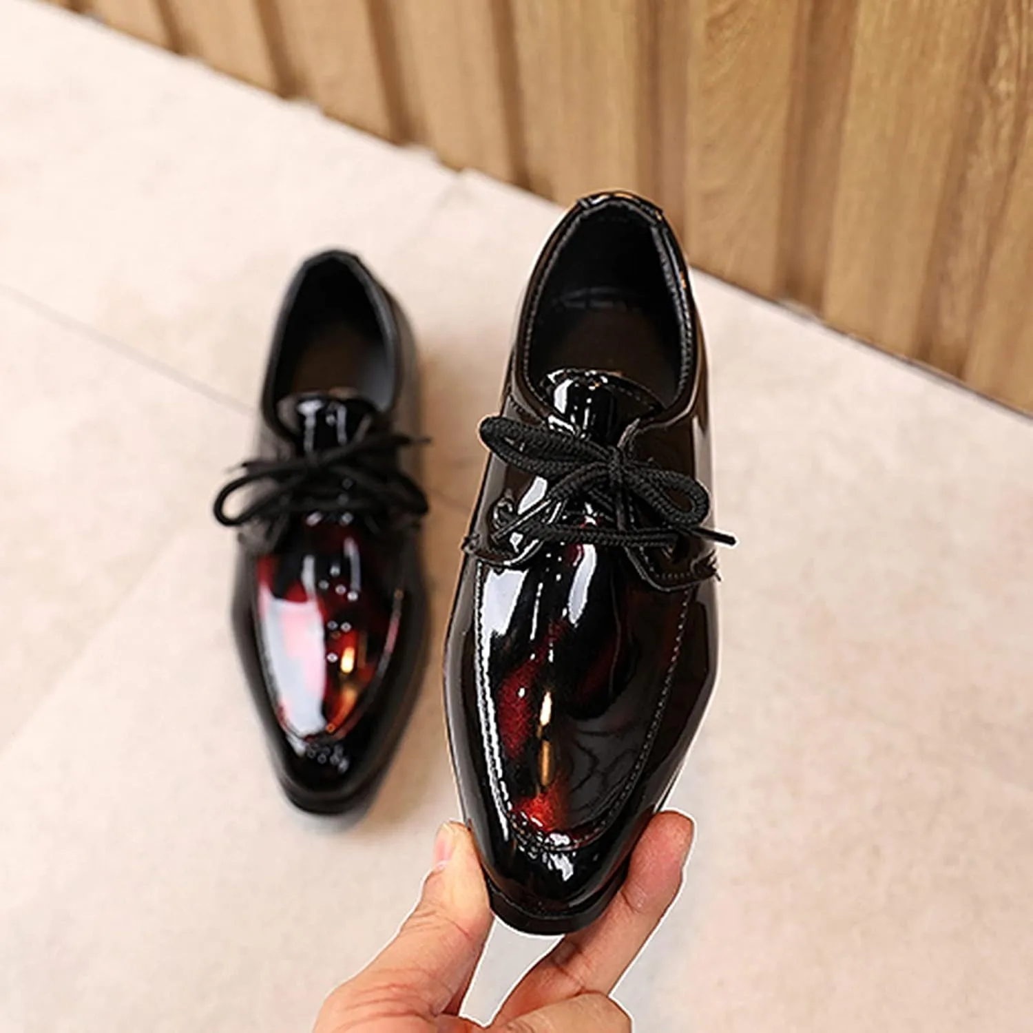 Boy's Classic Oxfords Dress Shoes Pointed Toe Patent Formal Dress Shoes Lace Up Wedding Prom Footwear for Kids