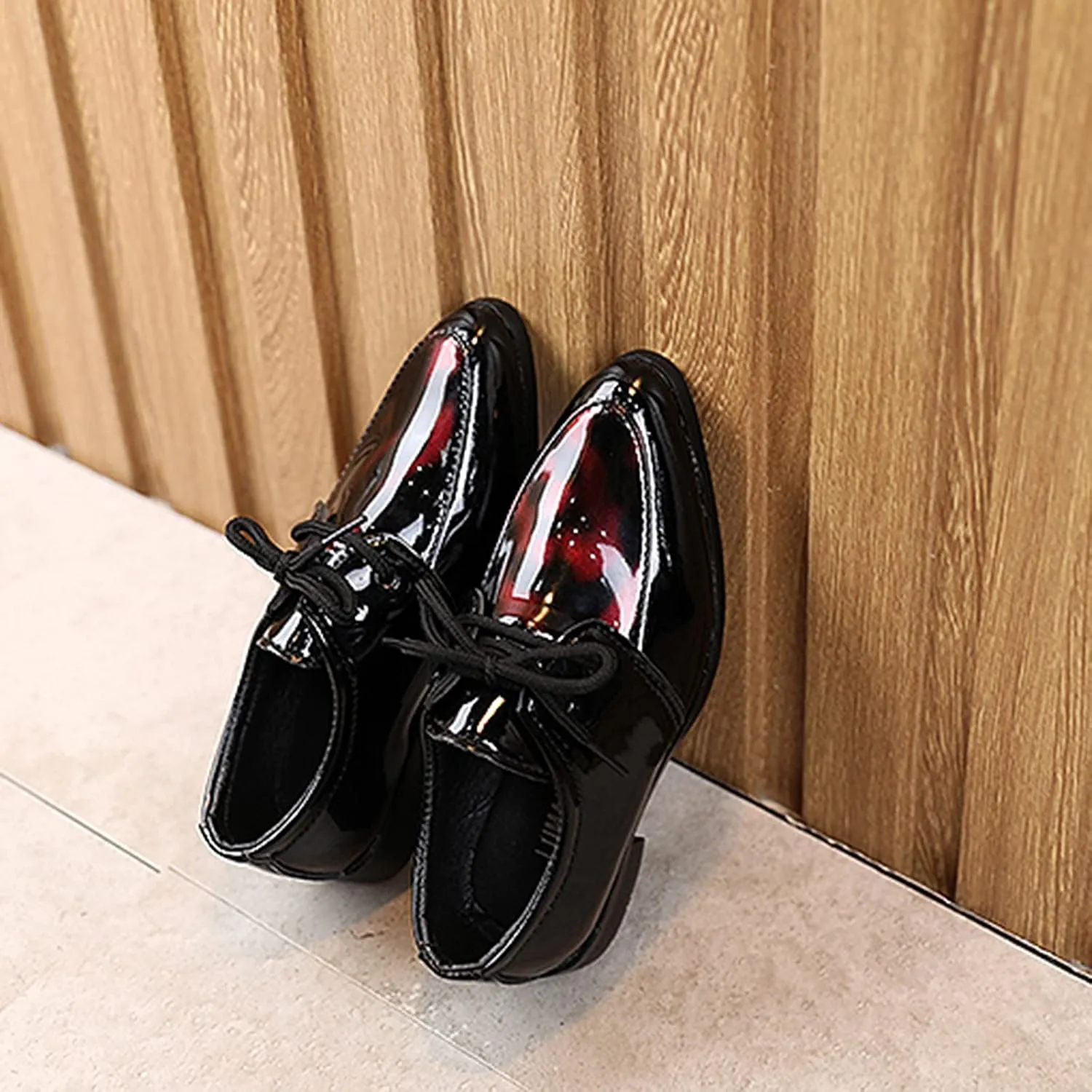 Boy's Classic Oxfords Dress Shoes Pointed Toe Patent Formal Dress Shoes Lace Up Wedding Prom Footwear for Kids