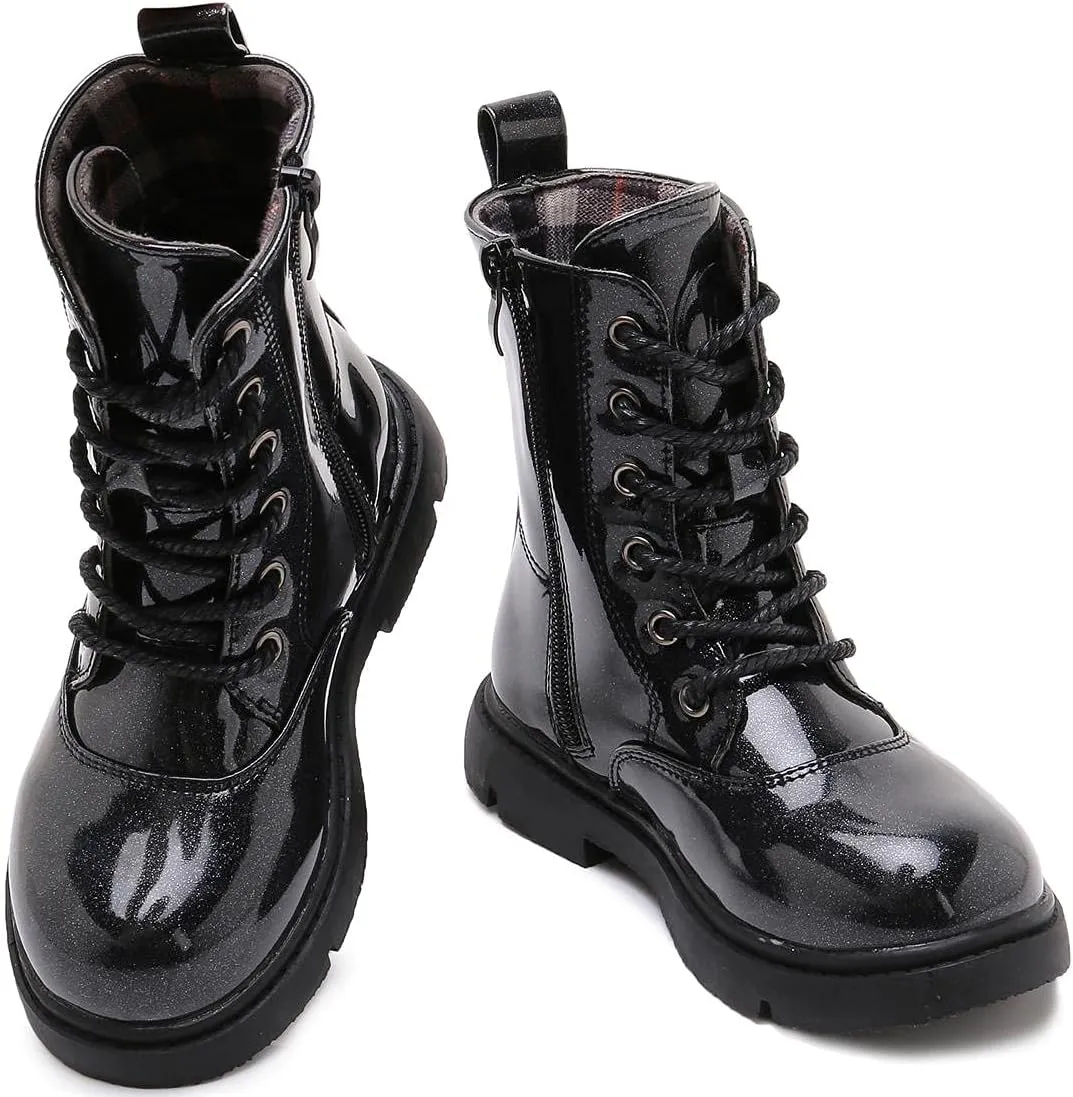 Boys Girls Lace-Up Mid Calf Combat Boots Hiking Boots Side Zipper Waterproof Riding Boots