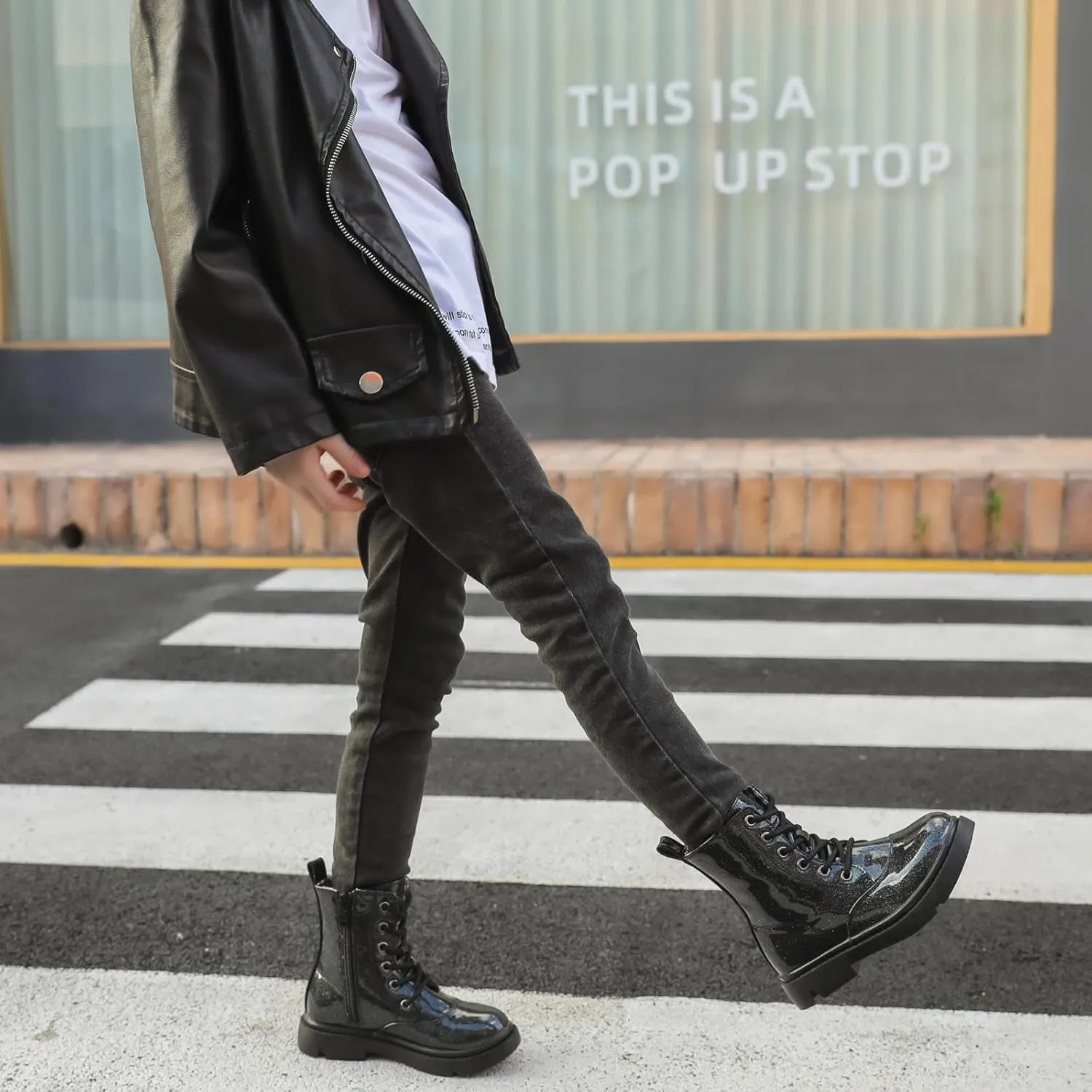 Boys Girls Lace-Up Mid Calf Combat Boots Hiking Boots Side Zipper Waterproof Riding Boots