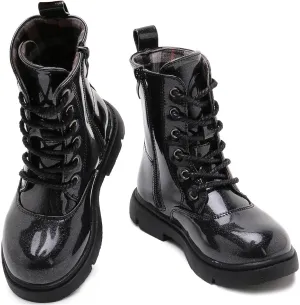 Boys Girls Lace-Up Mid Calf Combat Boots Hiking Boots Side Zipper Waterproof Riding Boots