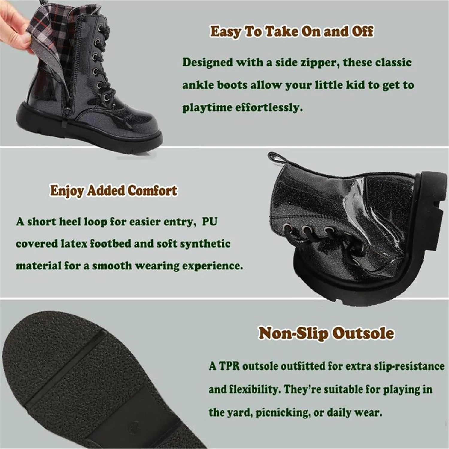 Boys Girls Lace-Up Mid Calf Combat Boots Hiking Boots Side Zipper Waterproof Riding Boots
