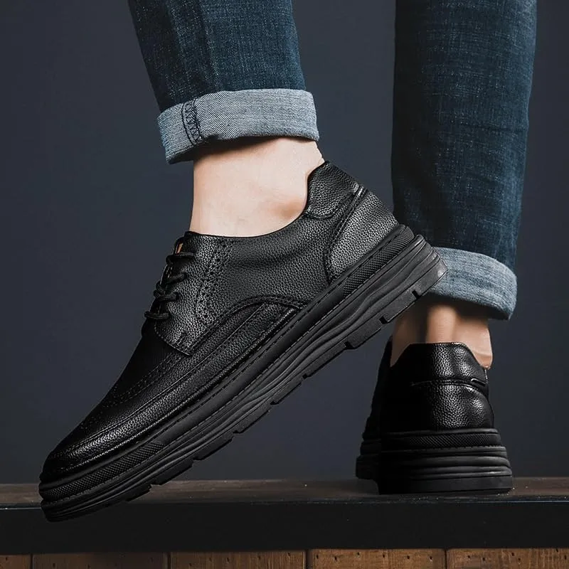 British Style Casual Platform Oxford Men Fashionable Breathable Leather Shoes All-Match Black Lace-up Dress Shoes