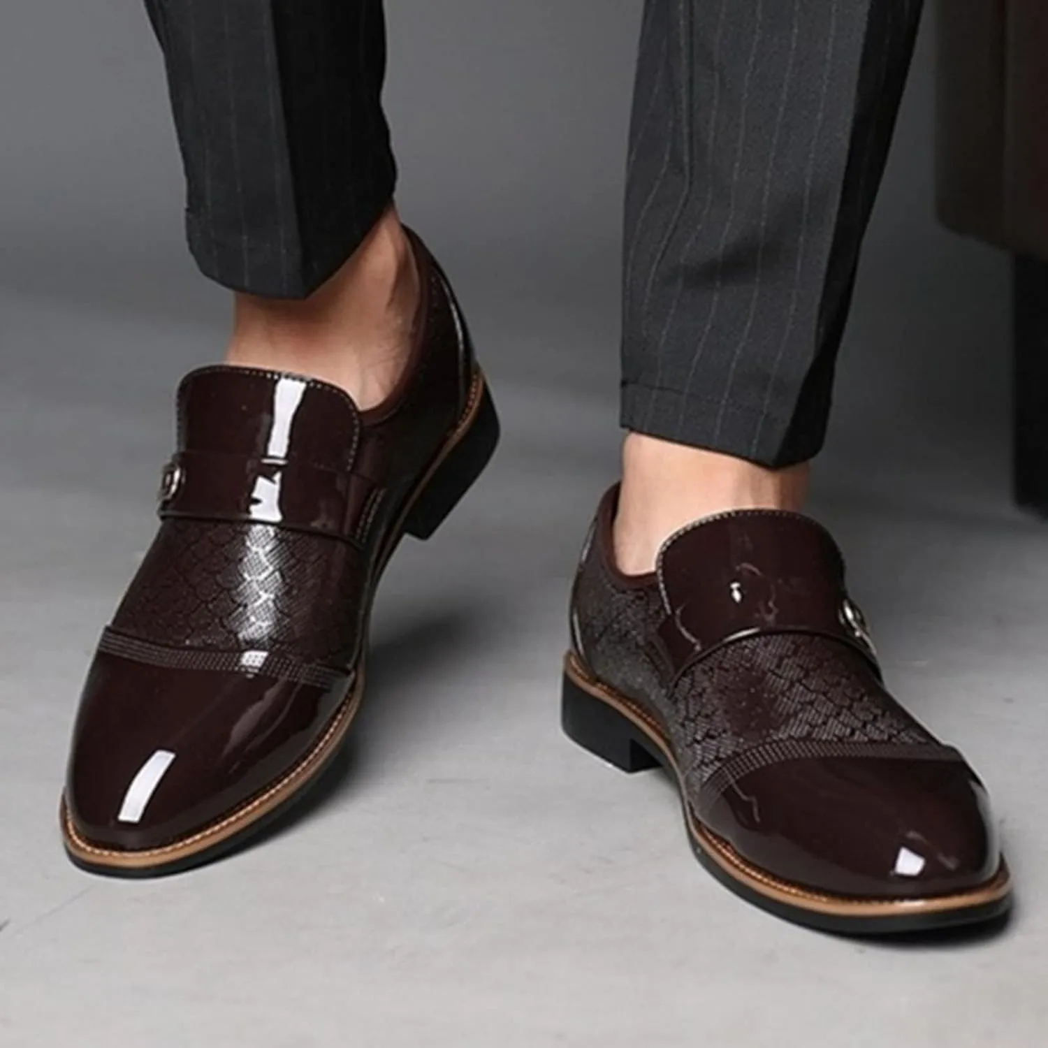 Casual Business Dress Shoes Men Slip on Formal Oxfords Low Heel Patent Leather Shoes Comfortable Business Shoe Men Arch Support Walking Shoe Pattern Leather Oxfords Daily Work Wear