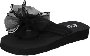 Casual Shoes Women's Bowknot Flip Flops Flat Sandals Summer Beach Slippers Peep Toe Beach Slides (Black, 6.5)