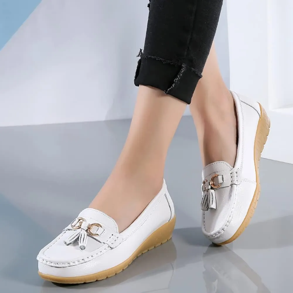 Casual Women's Loafers Flat Metal Buckle Comfortable Lightweight Penny Loafers for Womens Leather Slip-on Outdoor Driving Moccasion Boat Shoes