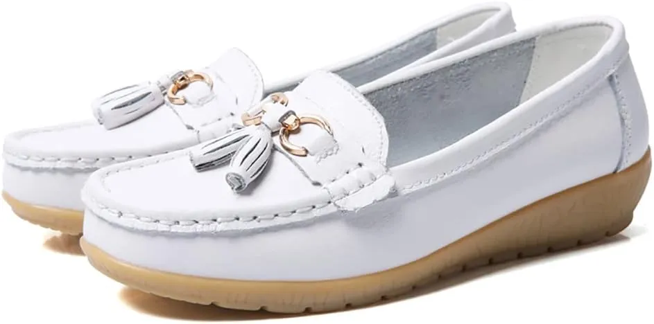 Casual Women's Loafers Flat Metal Buckle Comfortable Lightweight Penny Loafers for Womens Leather Slip-on Outdoor Driving Moccasion Boat Shoes