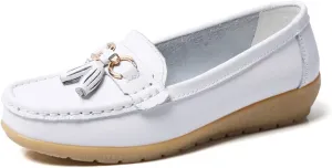 Casual Women's Loafers Flat Metal Buckle Comfortable Lightweight Penny Loafers for Womens Leather Slip-on Outdoor Driving Moccasion Boat Shoes