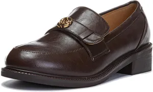 Classic Round Toe Loafers with Chunky Heel Slip On Platform for Business and Fashion Women - Retro, Commuter, and Versatile Single Shoes,Brown-37
