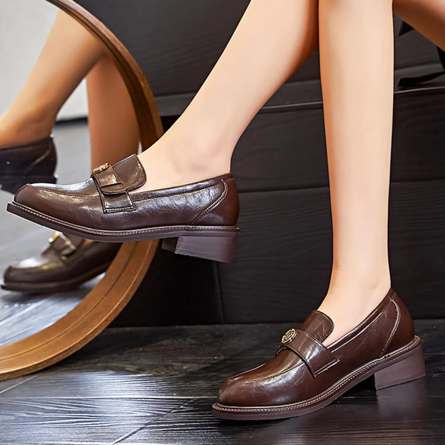 Classic Round Toe Loafers with Chunky Heel Slip On Platform for Business and Fashion Women - Retro, Commuter, and Versatile Single Shoes,Brown-37