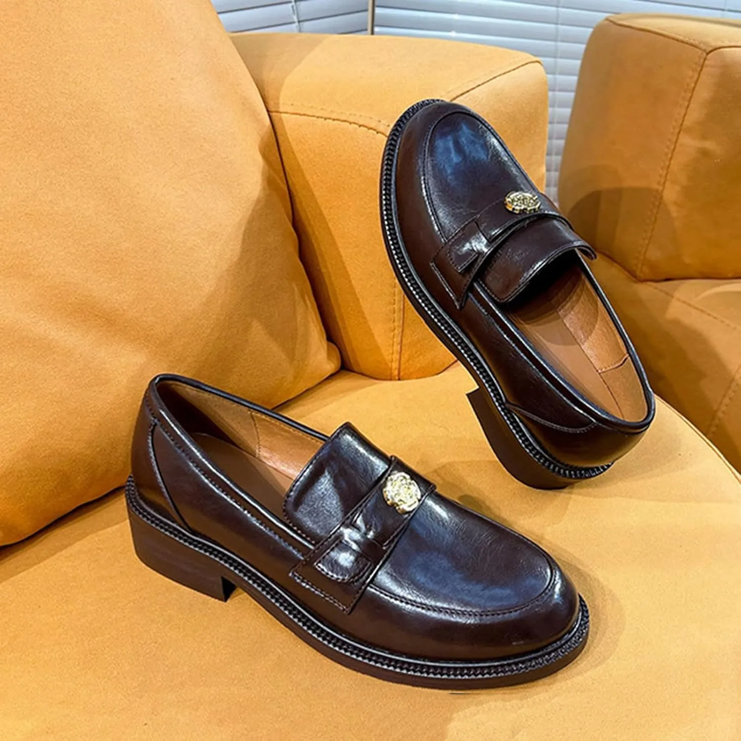 Classic Round Toe Loafers with Chunky Heel Slip On Platform for Business and Fashion Women - Retro, Commuter, and Versatile Single Shoes,Brown-37