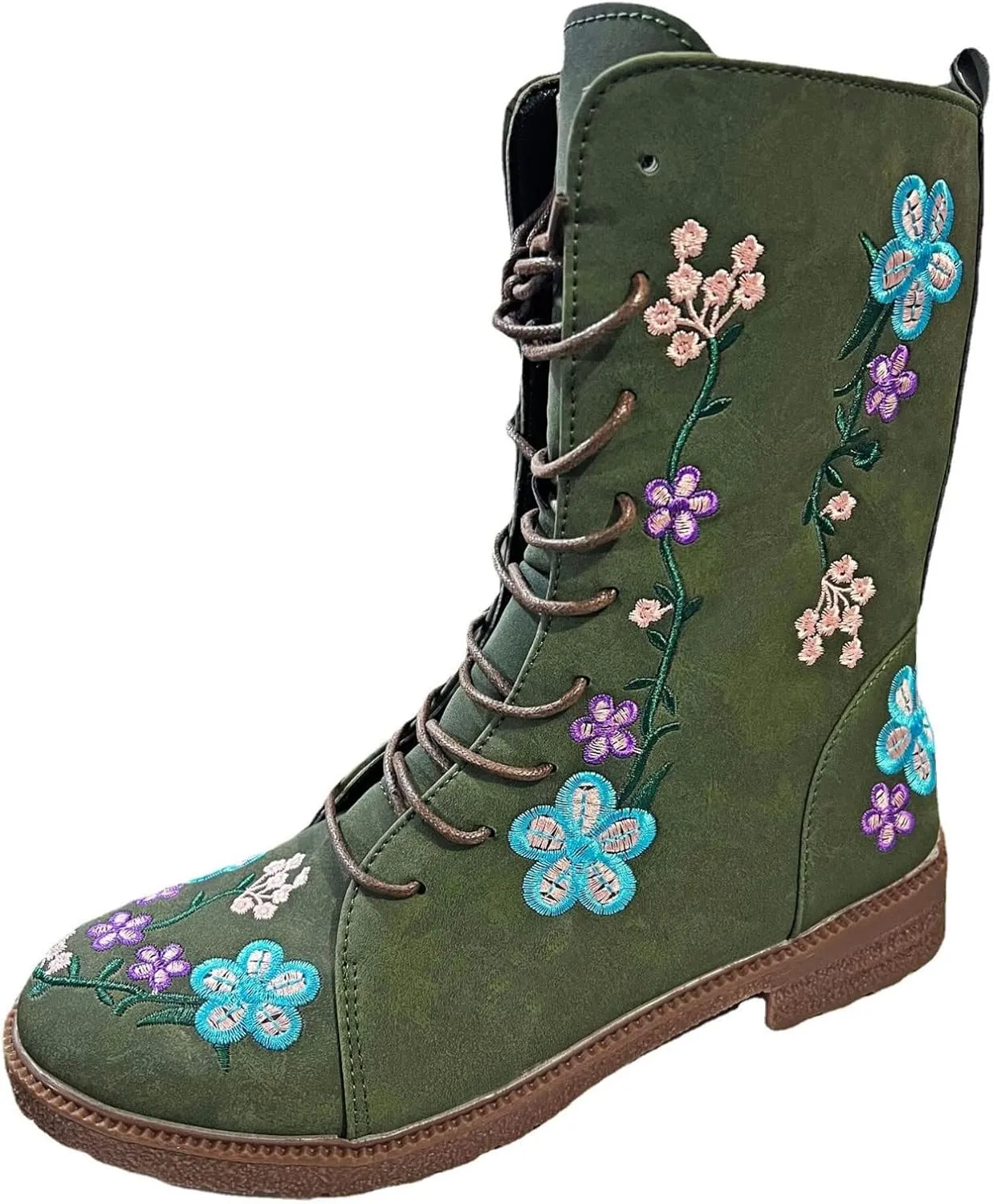 Combat Boots for Women Vintage Flower Design Lace Up Booties Leather Round Toe Side Zip-up Ankle Boots
