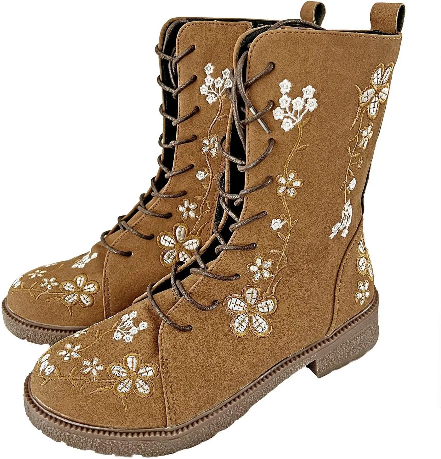 Combat Boots for Women Vintage Flower Design Lace Up Booties Leather Round Toe Side Zip-up Ankle Boots