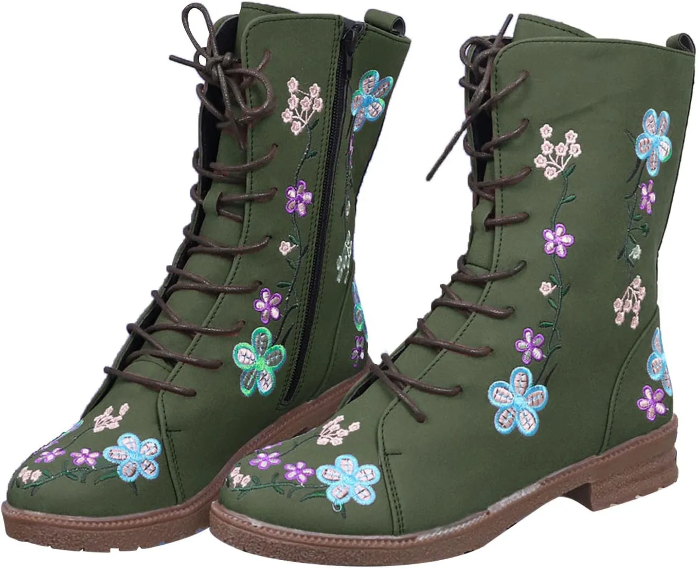 Combat Boots for Women Vintage Flower Design Lace Up Booties Leather Round Toe Side Zip-up Ankle Boots