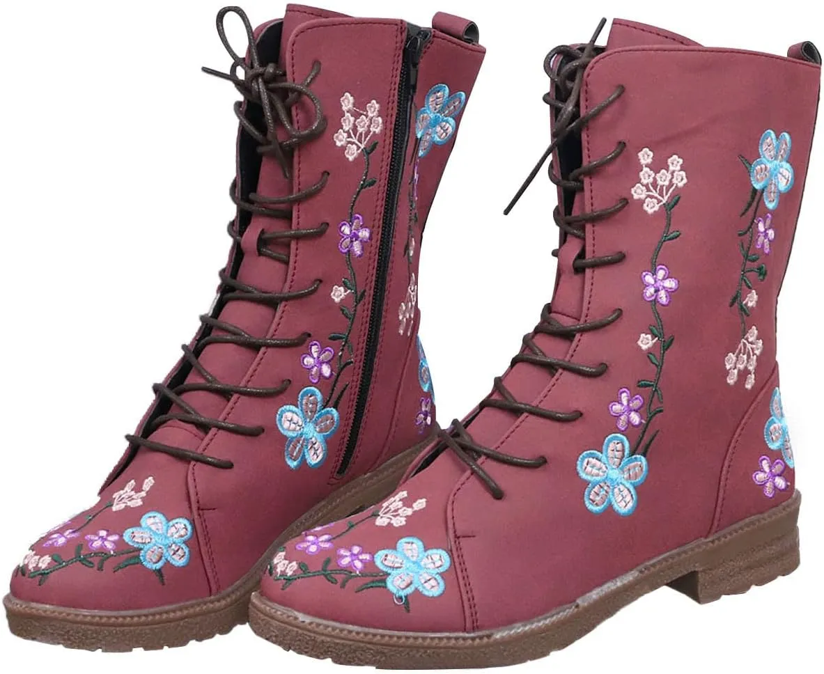 Combat Boots for Women Vintage Flower Design Lace Up Booties Leather Round Toe Side Zip-up Ankle Boots