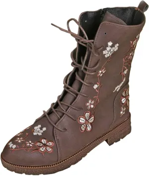 Combat Boots for Women Vintage Flower Design Lace Up Booties Leather Round Toe Side Zip-up Ankle Boots