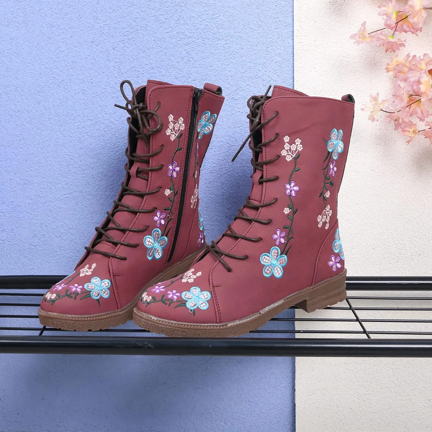 Combat Boots for Women Vintage Flower Design Lace Up Booties Leather Round Toe Side Zip-up Ankle Boots