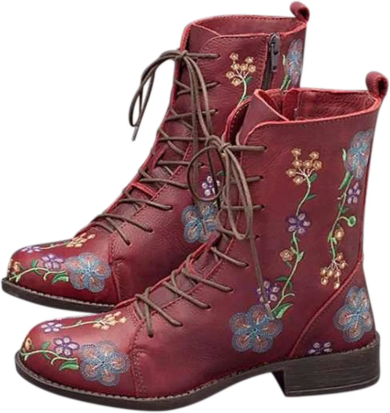 Combat Boots for Women Vintage Flower Design Lace Up Booties Leather Round Toe Side Zip-up Ankle Boots