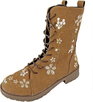 Combat Boots for Women Vintage Flower Design Lace Up Booties Leather Round Toe Side Zip-up Ankle Boots