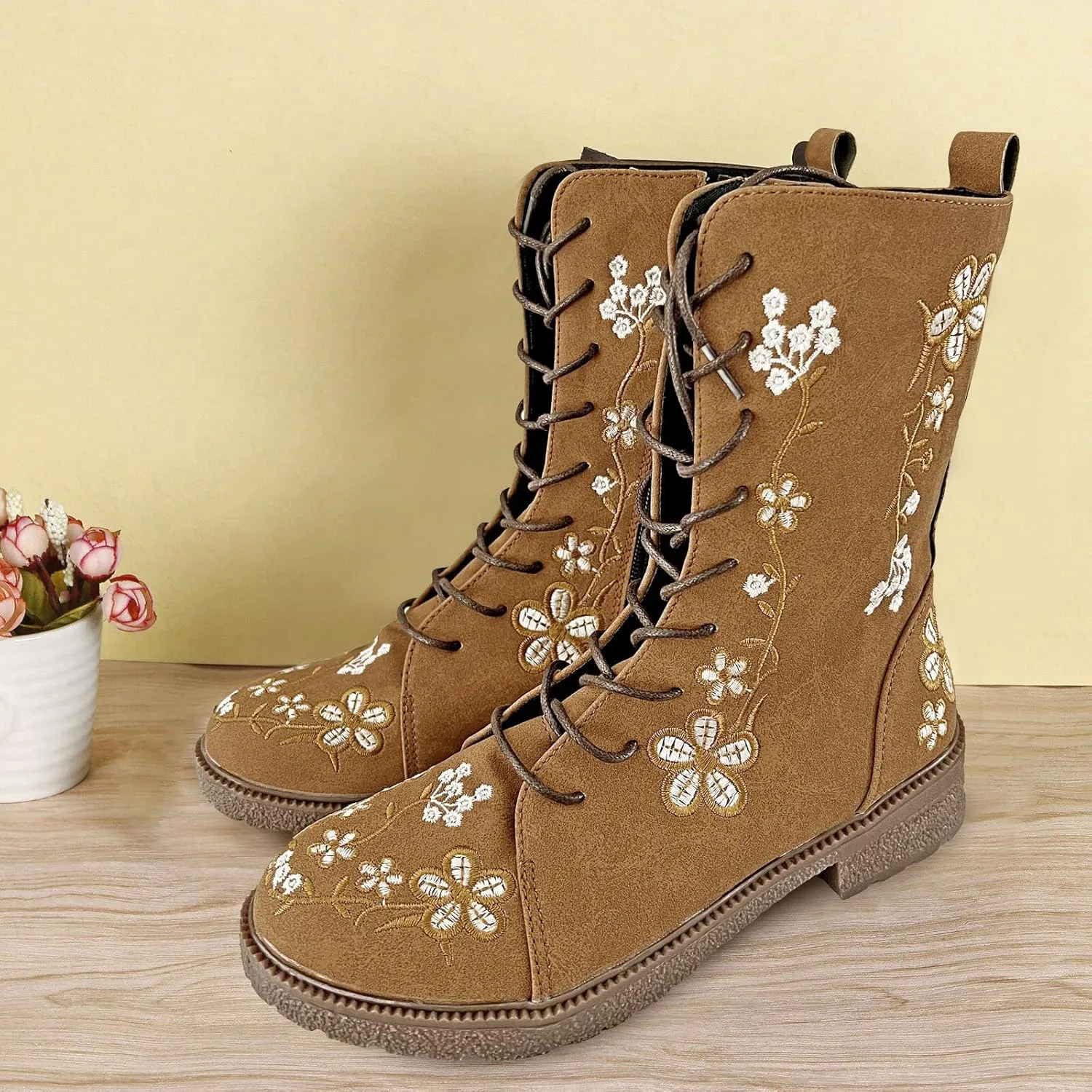 Combat Boots for Women Vintage Flower Design Lace Up Booties Leather Round Toe Side Zip-up Ankle Boots