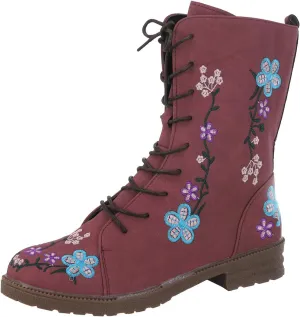 Combat Boots for Women Vintage Flower Design Lace Up Booties Leather Round Toe Side Zip-up Ankle Boots