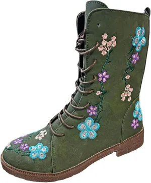 Combat Boots for Women Vintage Flower Design Lace Up Booties Leather Round Toe Side Zip-up Ankle Boots