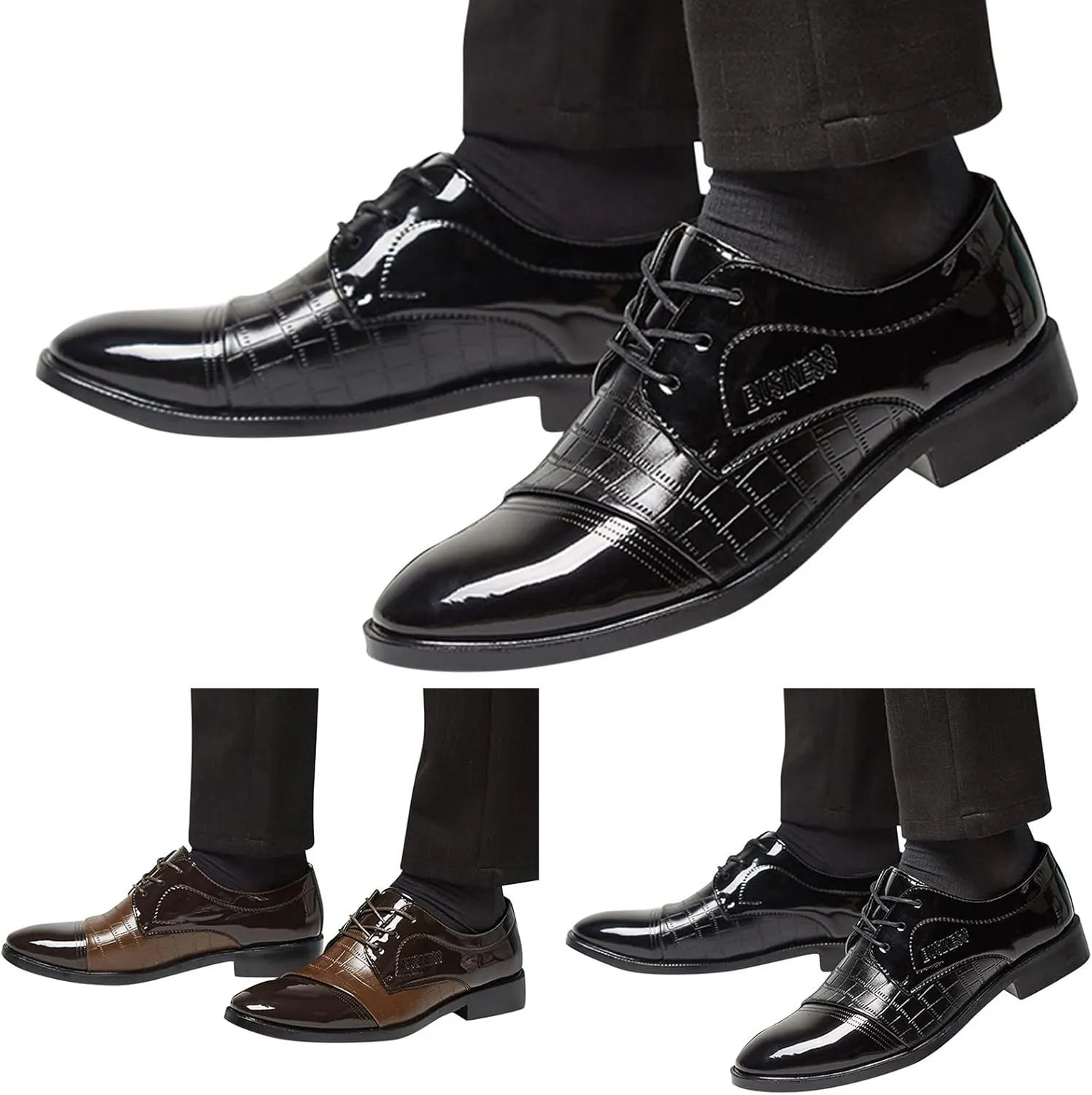 Comfortable Leather Pattern Shoes Low Heel Business Shoes for Men Arch Support Formal Dress Shoe for Men Dating Weding Working Casual Suit Shoe Waterproof Durable Leather Footwear