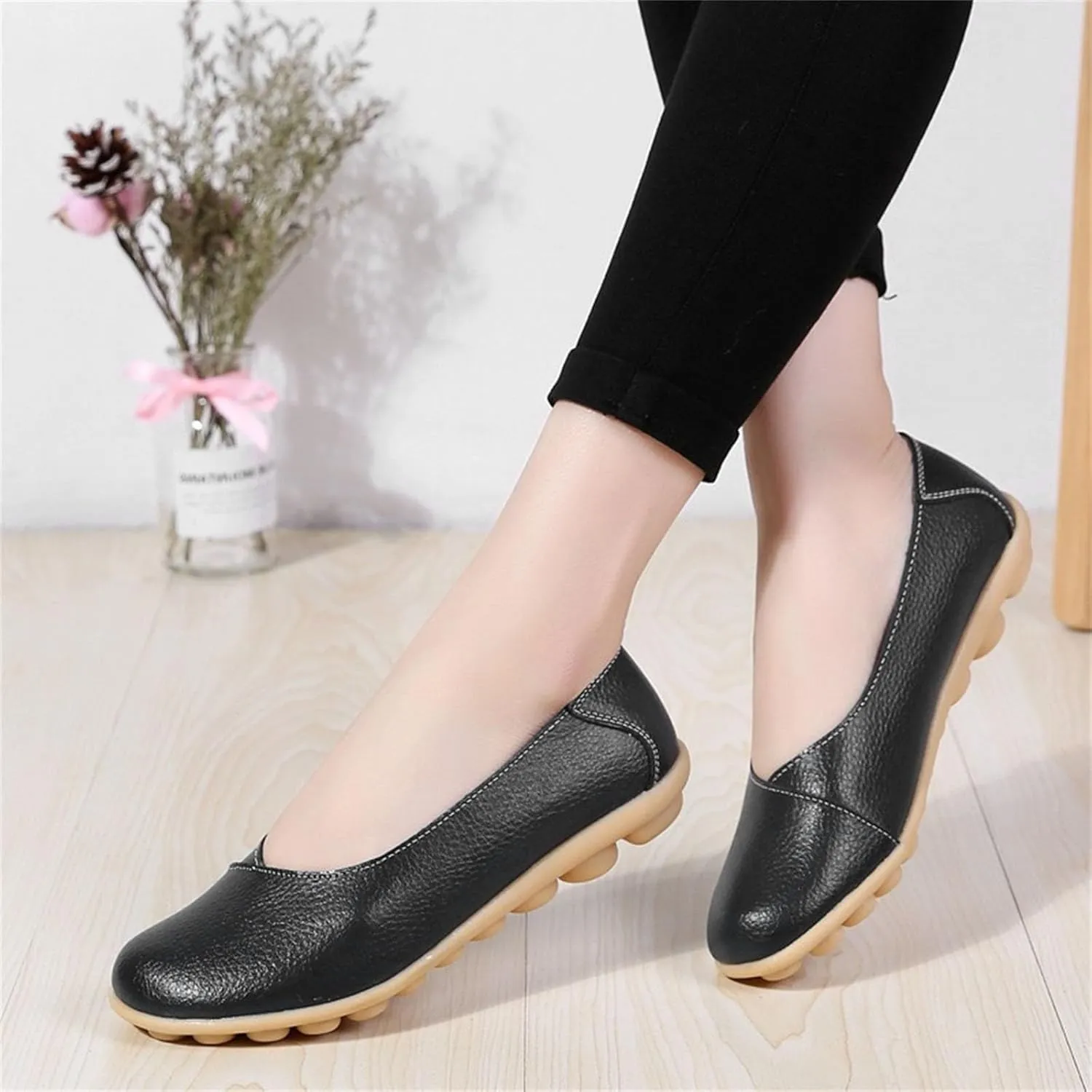 Comfortable Leather Shoes for Women Solid Non Slip 女式平底鞋 Shoes Soft Walking Driving Business Casual Elevator