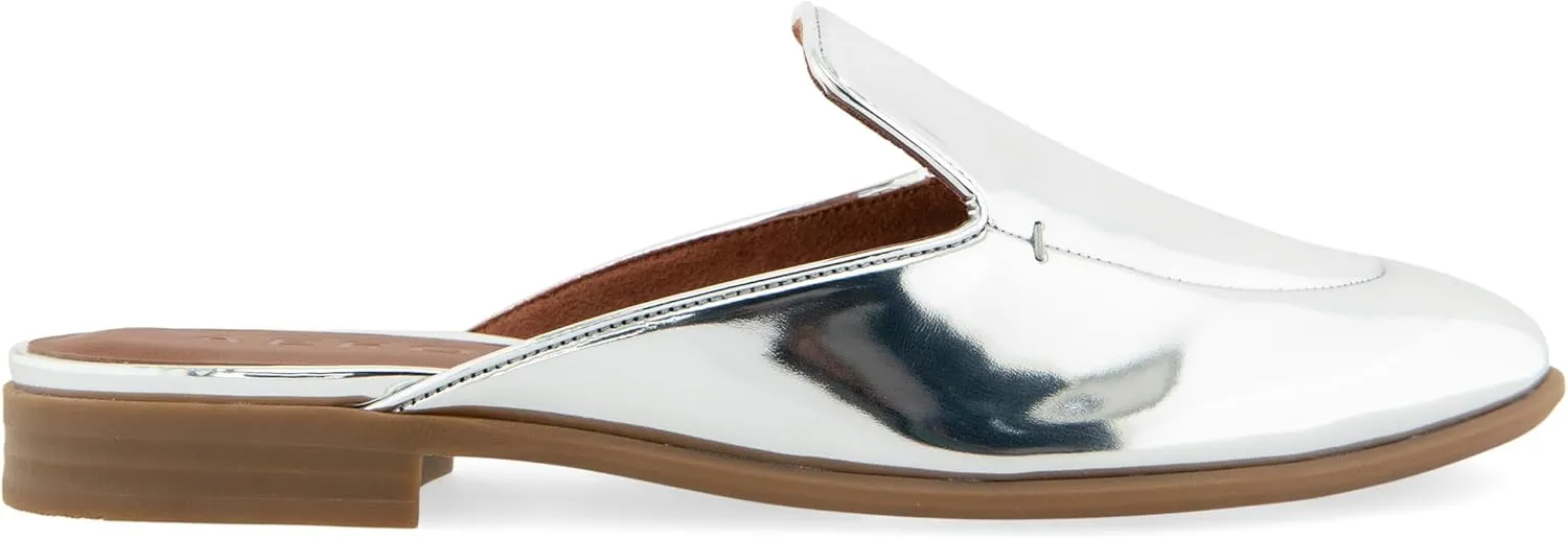 Comfortable Women's Flexible Tailored Loafer Mule in Silver Mirror Metallic Faux Leather Faux Leather