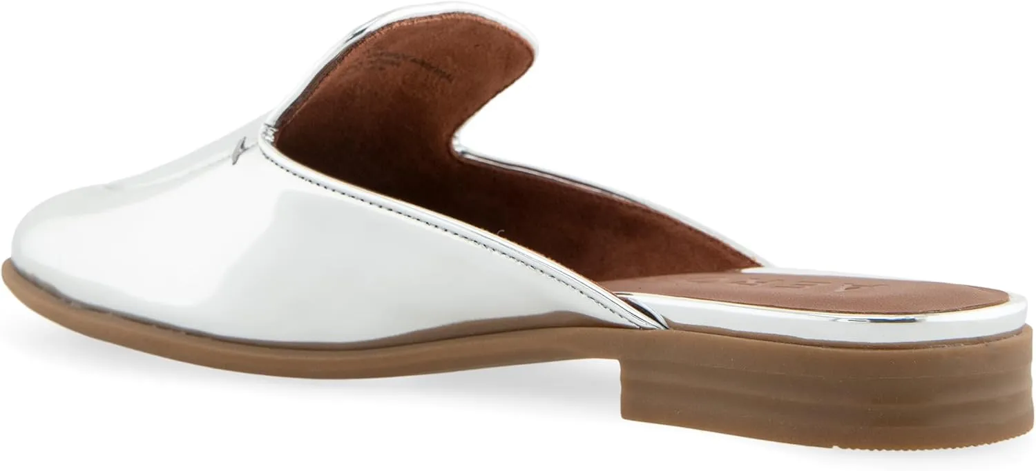 Comfortable Women's Flexible Tailored Loafer Mule in Silver Mirror Metallic Faux Leather Faux Leather