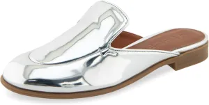 Comfortable Women's Flexible Tailored Loafer Mule in Silver Mirror Metallic Faux Leather Faux Leather