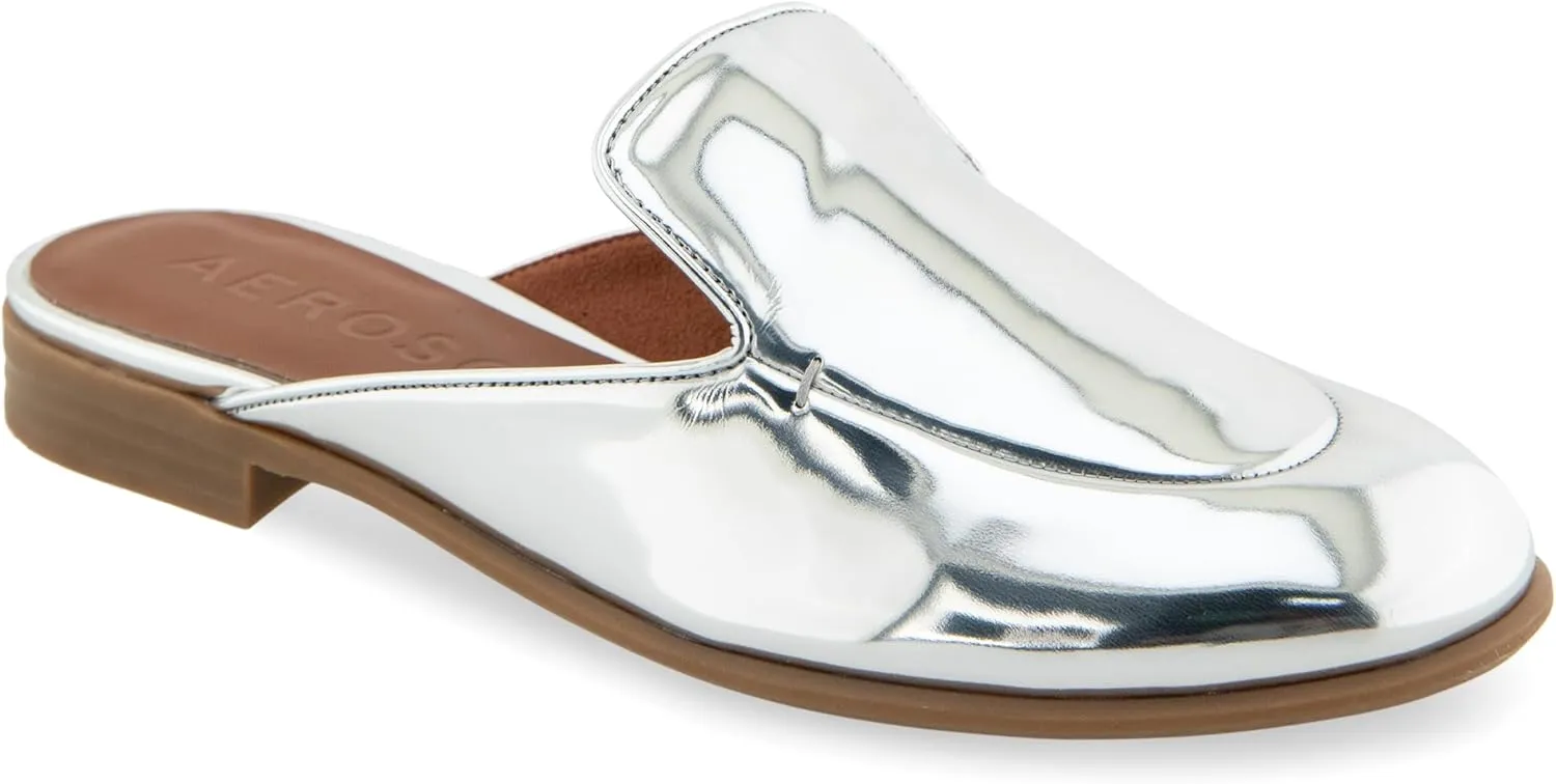 Comfortable Women's Flexible Tailored Loafer Mule in Silver Mirror Metallic Faux Leather Faux Leather